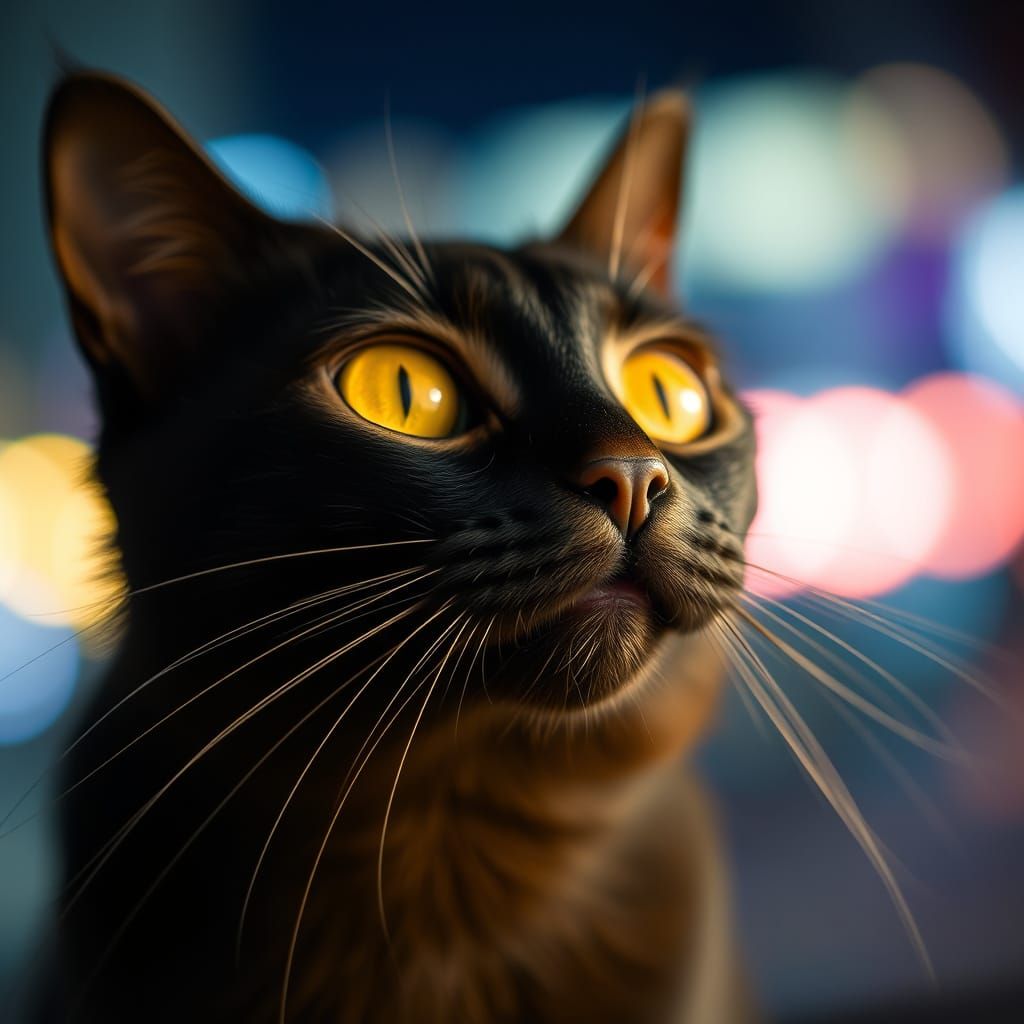 Surrealist Closeup of a Black Cat in a Bokeh of Gold and Bla...