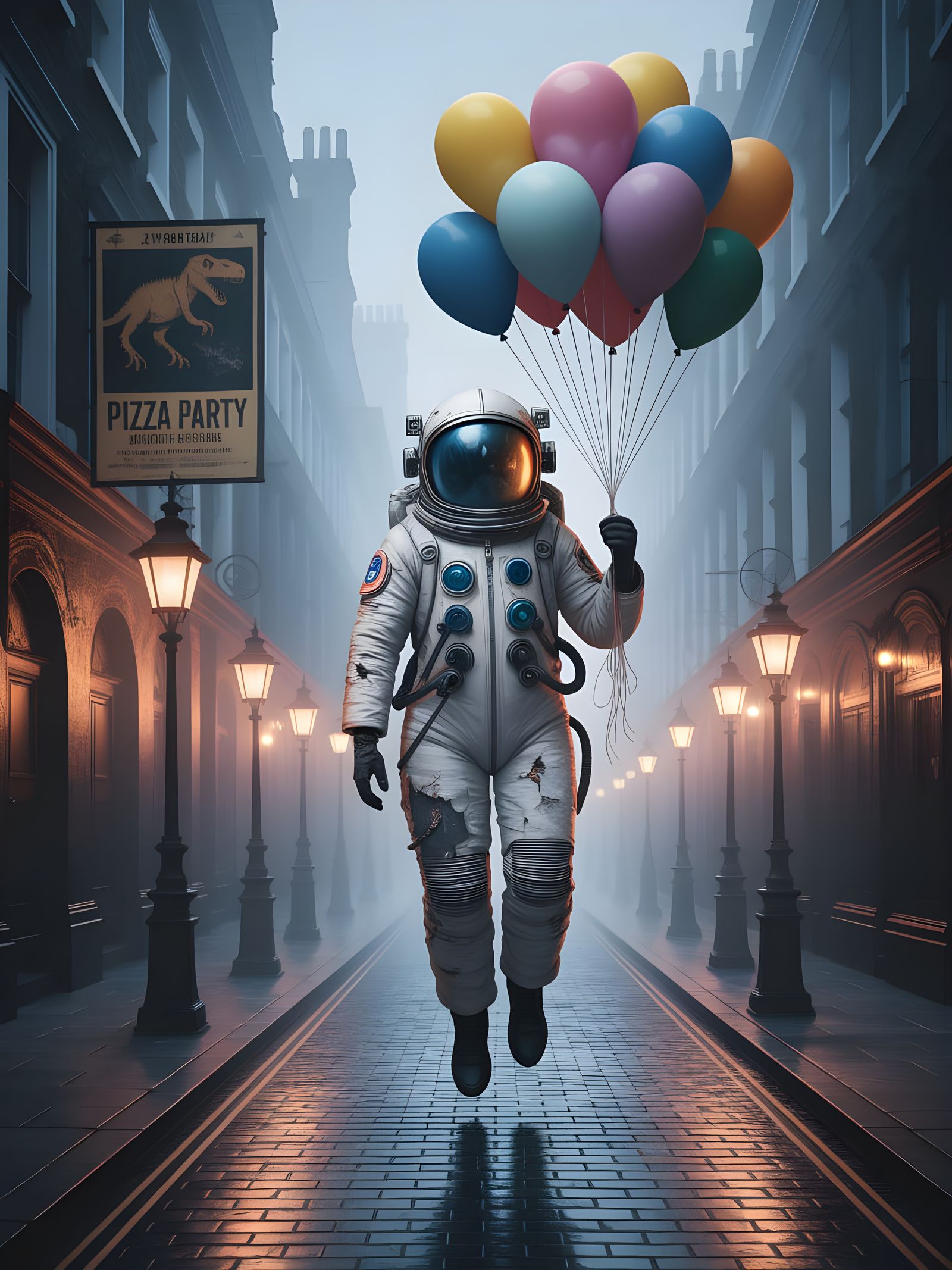Ghostly Astronaut with Balloons in Victorian London