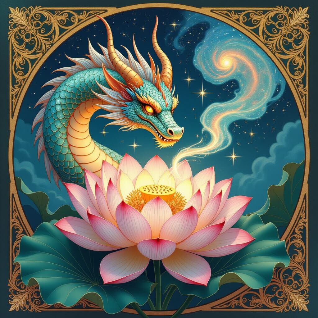 Celestial Dragon Embraces Giant Lotus Flower