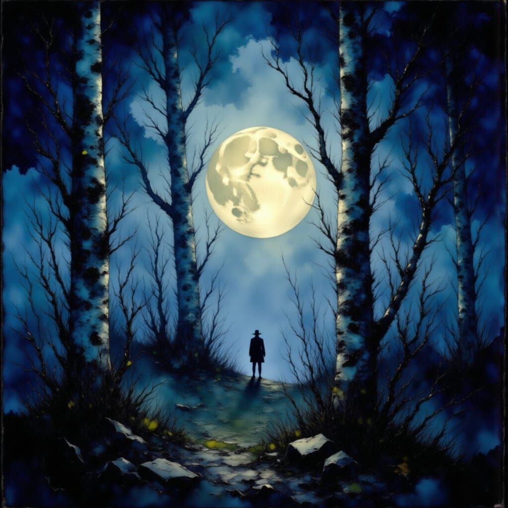 Full Moon Through Birch Trees with Textured Effect