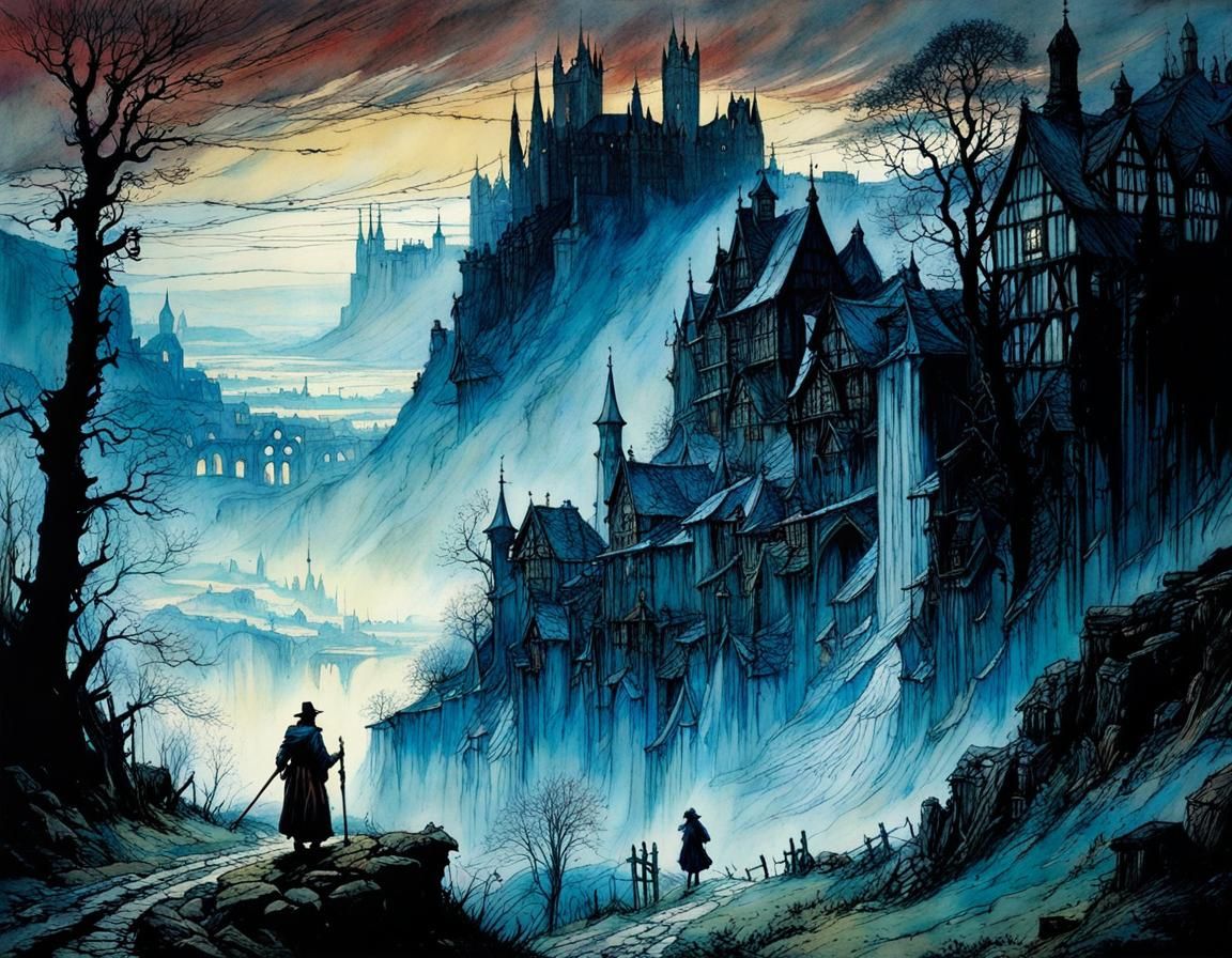 Mysterious Medieval Town at Night in Romantic Style