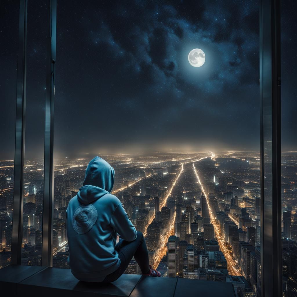 Hyperrealistic Woman Gazing at City from Skyscraper