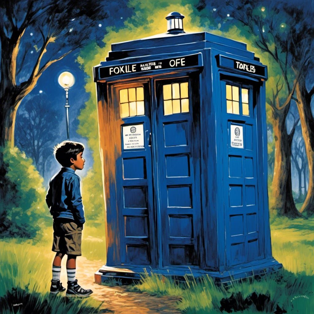 Boy and TARDIS in Noir London Park