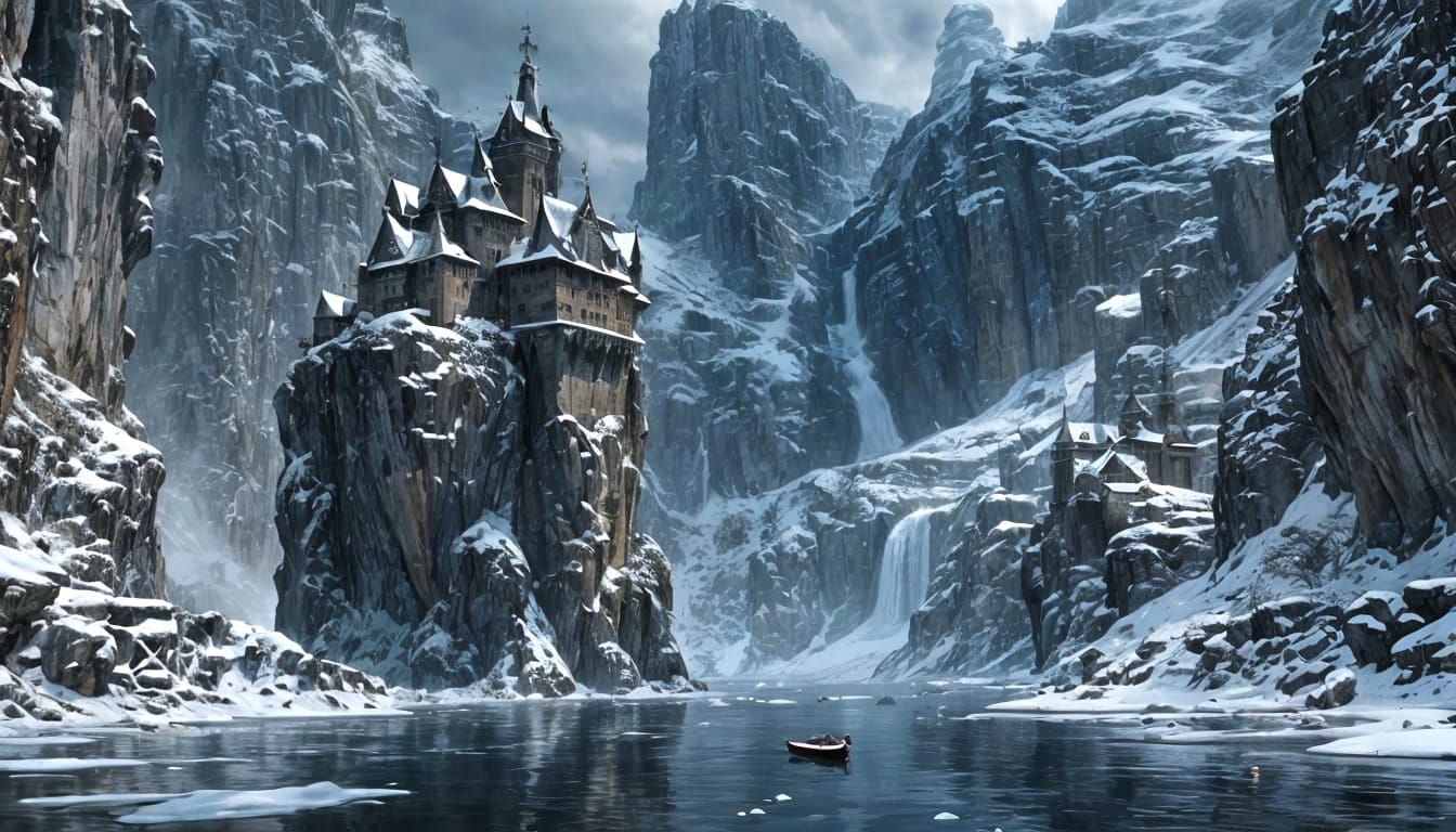 Majestic Snow Fortress on Icy River