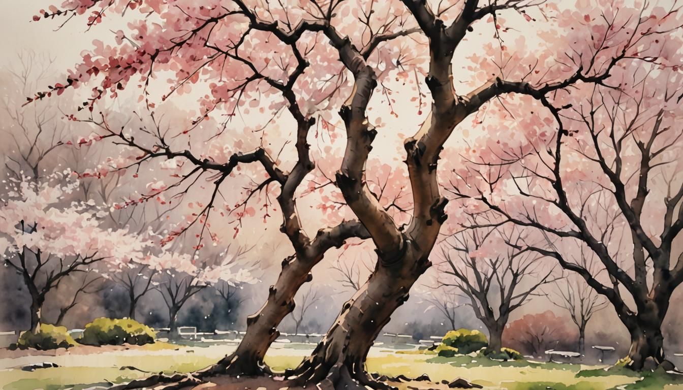 Sakura Tree in Japanese Watercolor Style