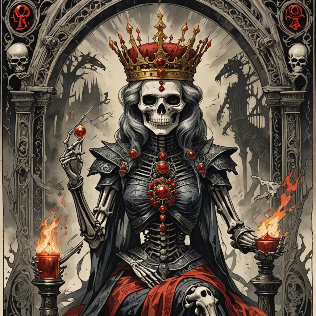 Sinister Tarot Card: The Queen with Skeleton Fire