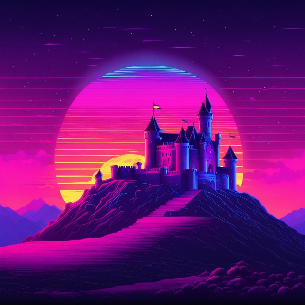 Synthwave Castle on a Hill: Retro Neon Art