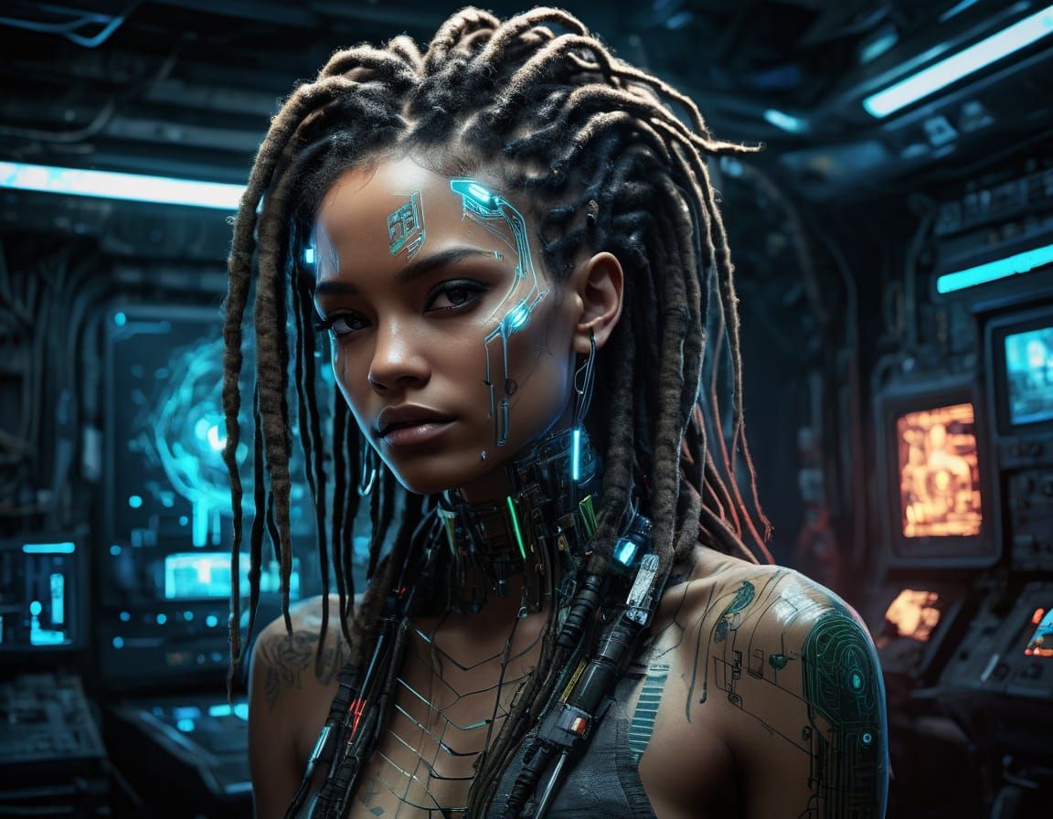 Cyberpunk Cyborg Elf Portrait with Neon Lights