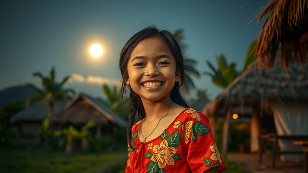 Rural Indonesian Village Nighttime Scene with Starry Sky and...