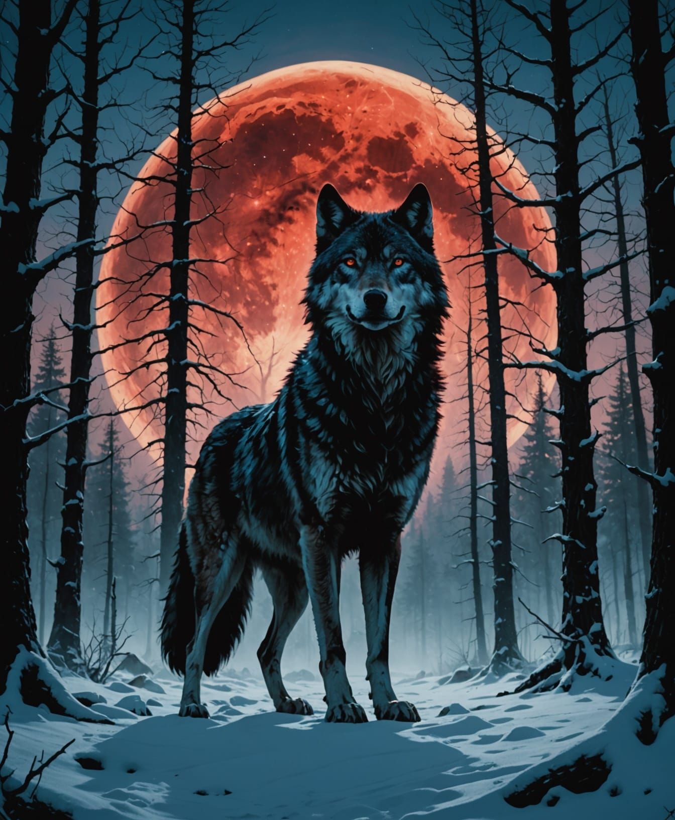 A lone wolf with piercing eyes stands silhouetted against a ...