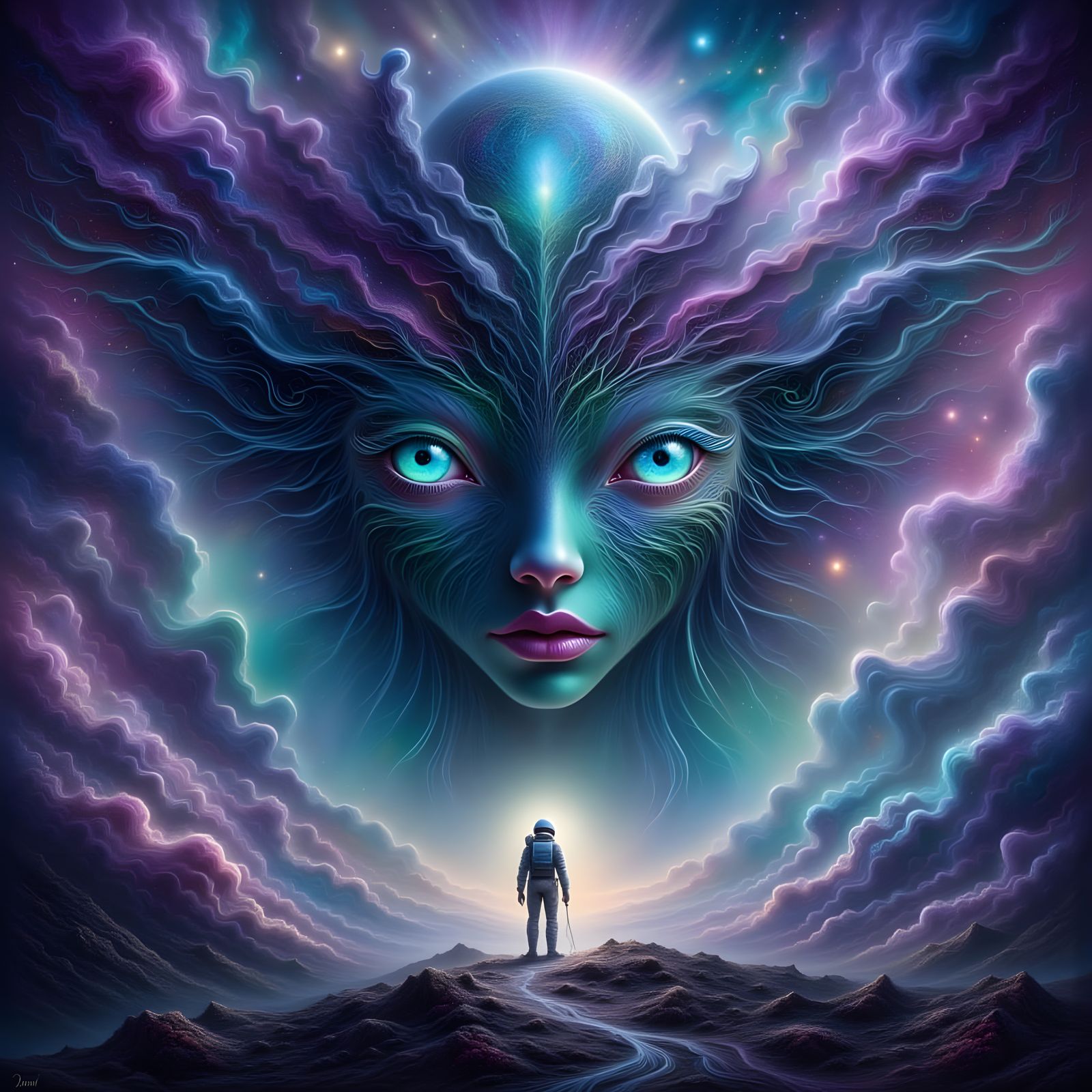 Astronaut Encounters Cosmic Entity in Nebula