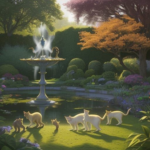 Feline Whimsy in a Vibrant Garden Setting