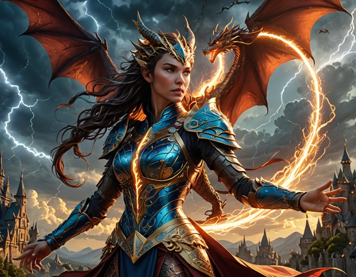 Dragon Enchantress Casting Magic with Lightning Strike