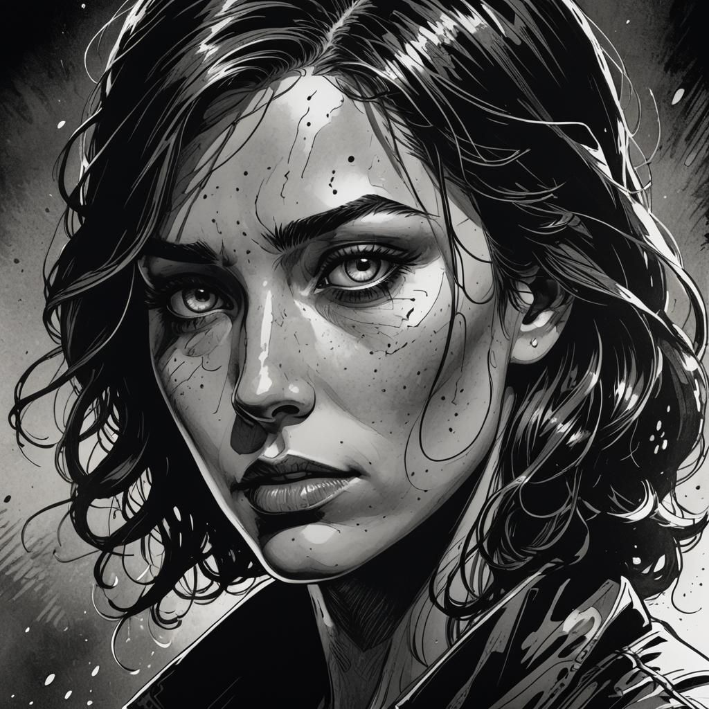 Moody Ink Portrait of Woman in Comic Book Style