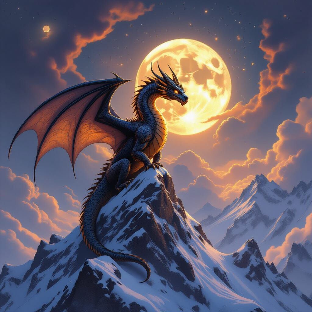 Majestic Moon Dragon on Snowy Peak in Epic Fantasy Art Style