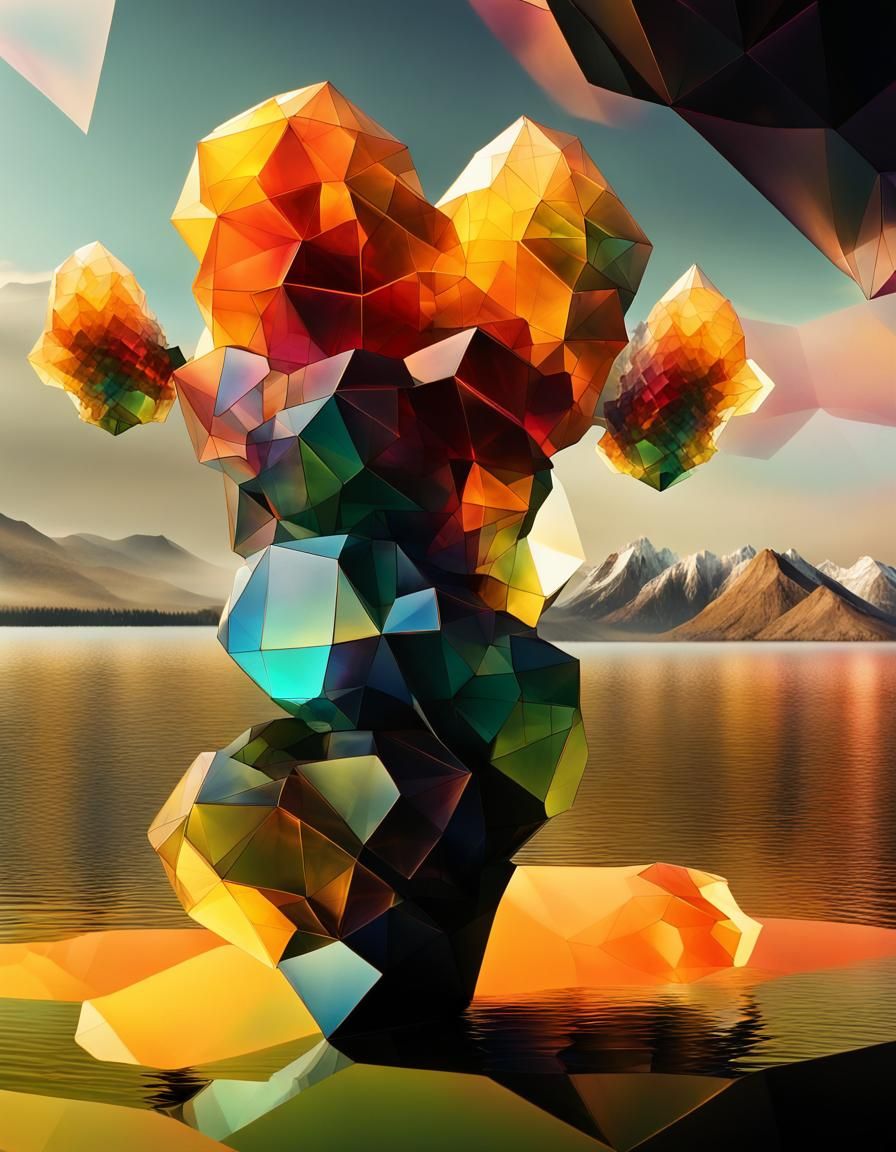 Abstract Crystal Structure Over Lake and Mountains