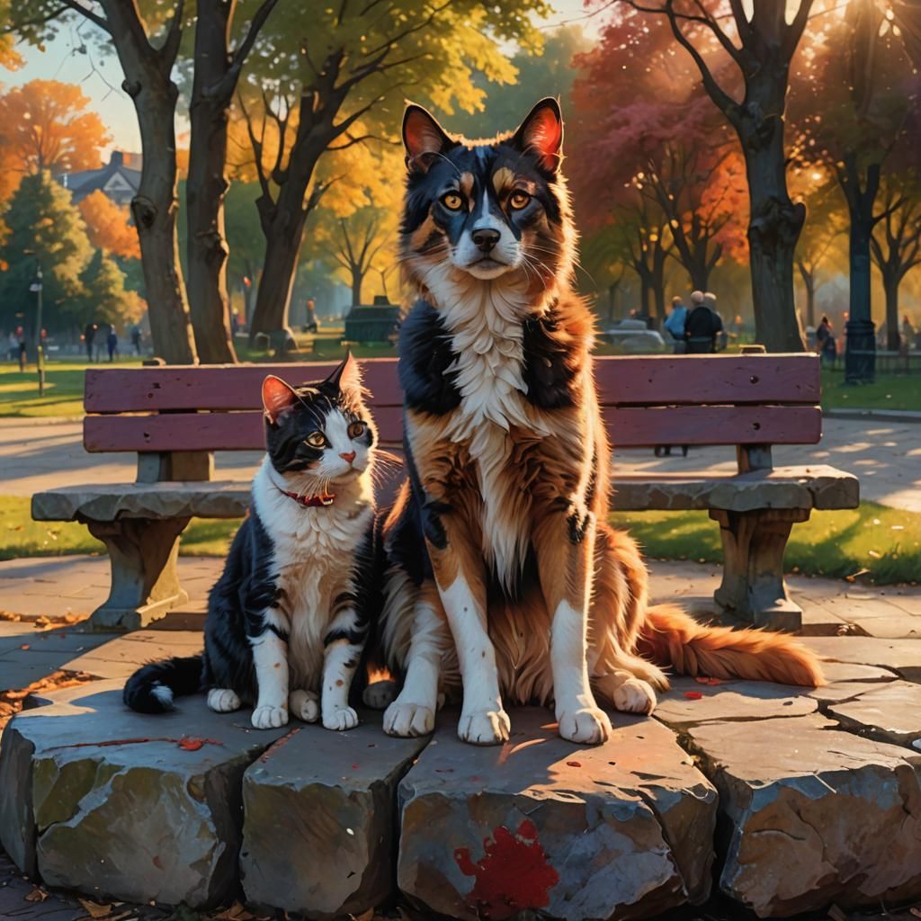 Cat and Dog in Park: Hyperrealistic Concept Art