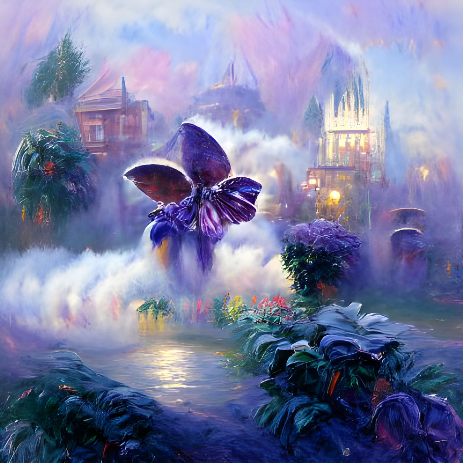 Ethereal Purple Butterfly in Dreamy Fantasy Landscape