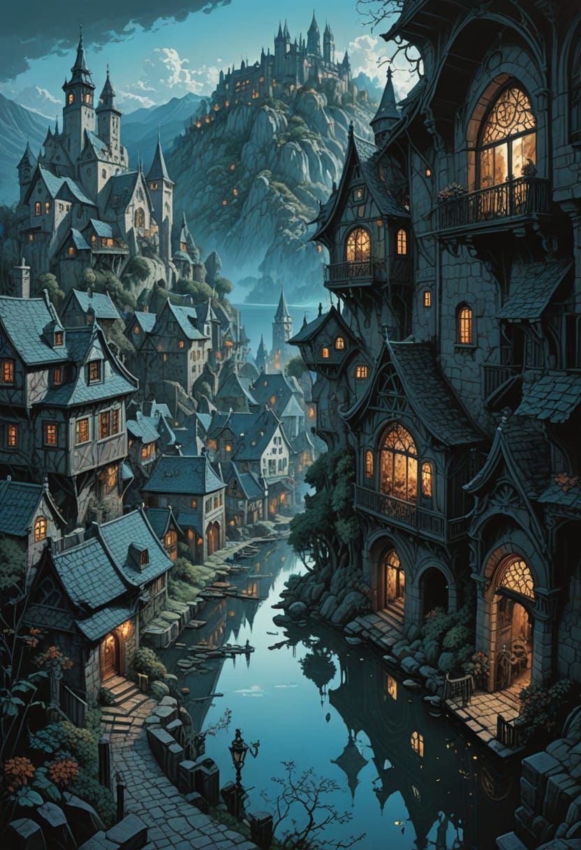 Ethereal Lake Town in a Fantasy Cinematic Style