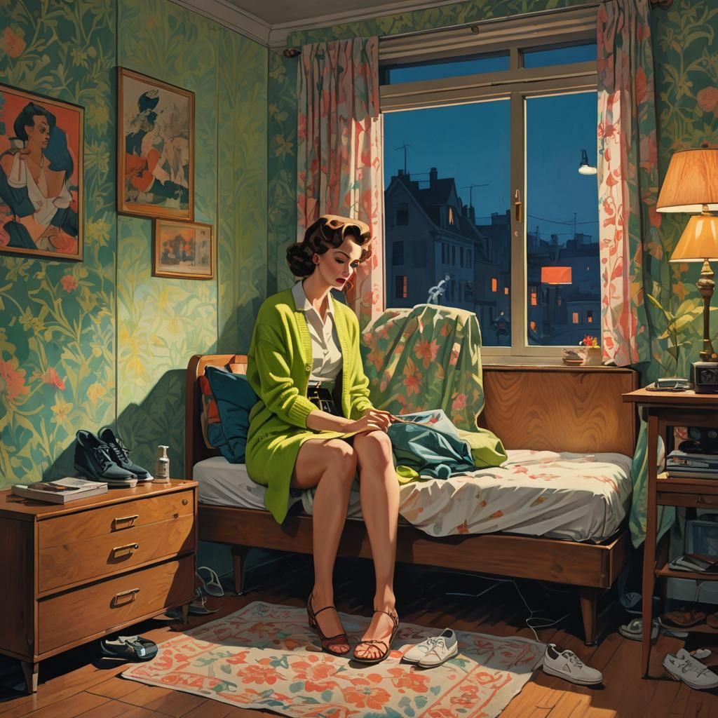 Woman on Murphy Bed in 1950s Illustration Style
