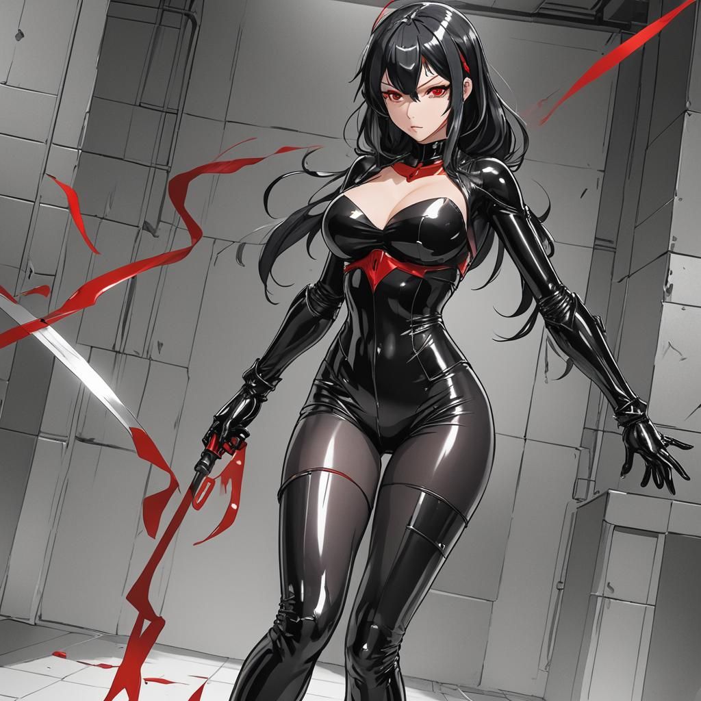 Dominant Latex Woman with Punishment Tool in Anime Style
