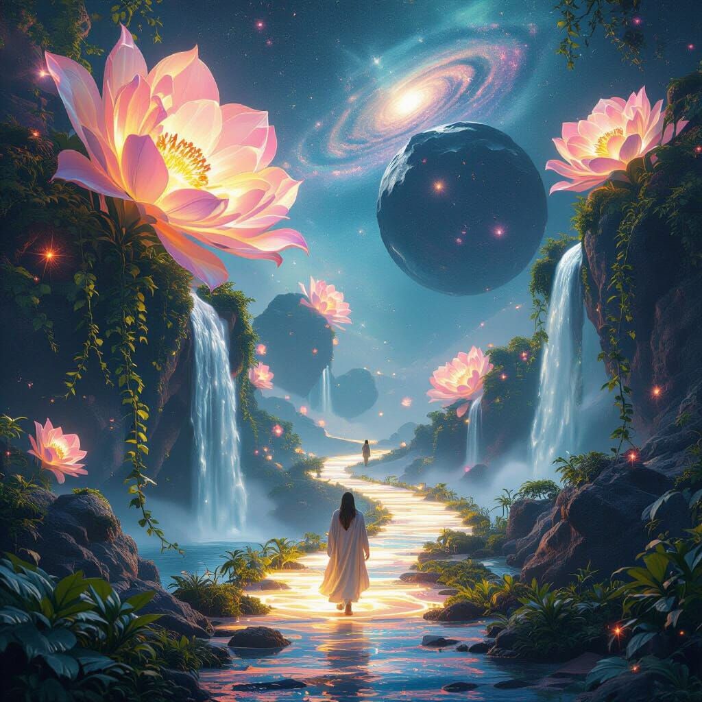 Surreal Floating Garden Among Stars with Cosmic Flowers