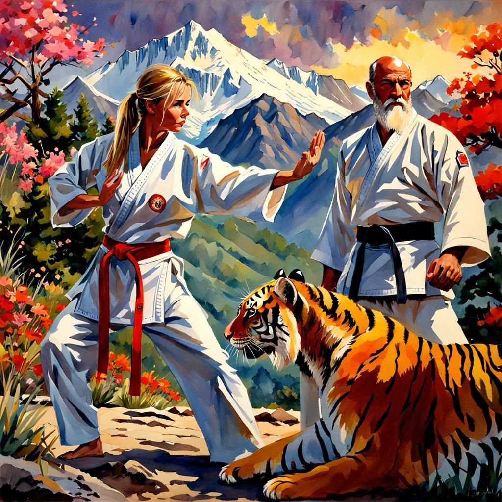 Blindfolded Karate Woman with Tiger, in Watercolor