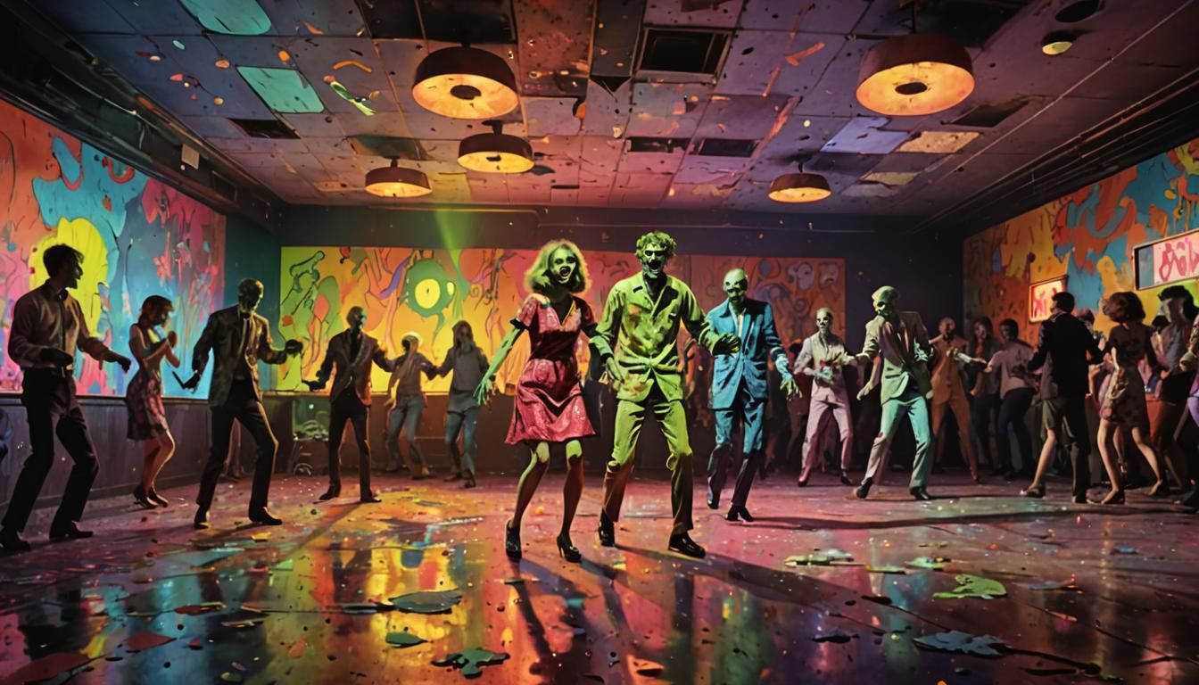 Dancing Zombies in 1960s Club, Hyperrealistic Splash Art