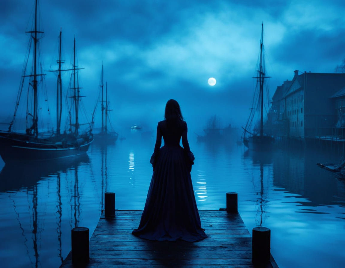 Woman on Dock in Monochromatic Blue Fine Art