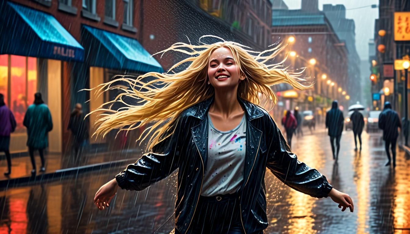 Woman Dancing in the Rain, Hyperrealistic Splash Art