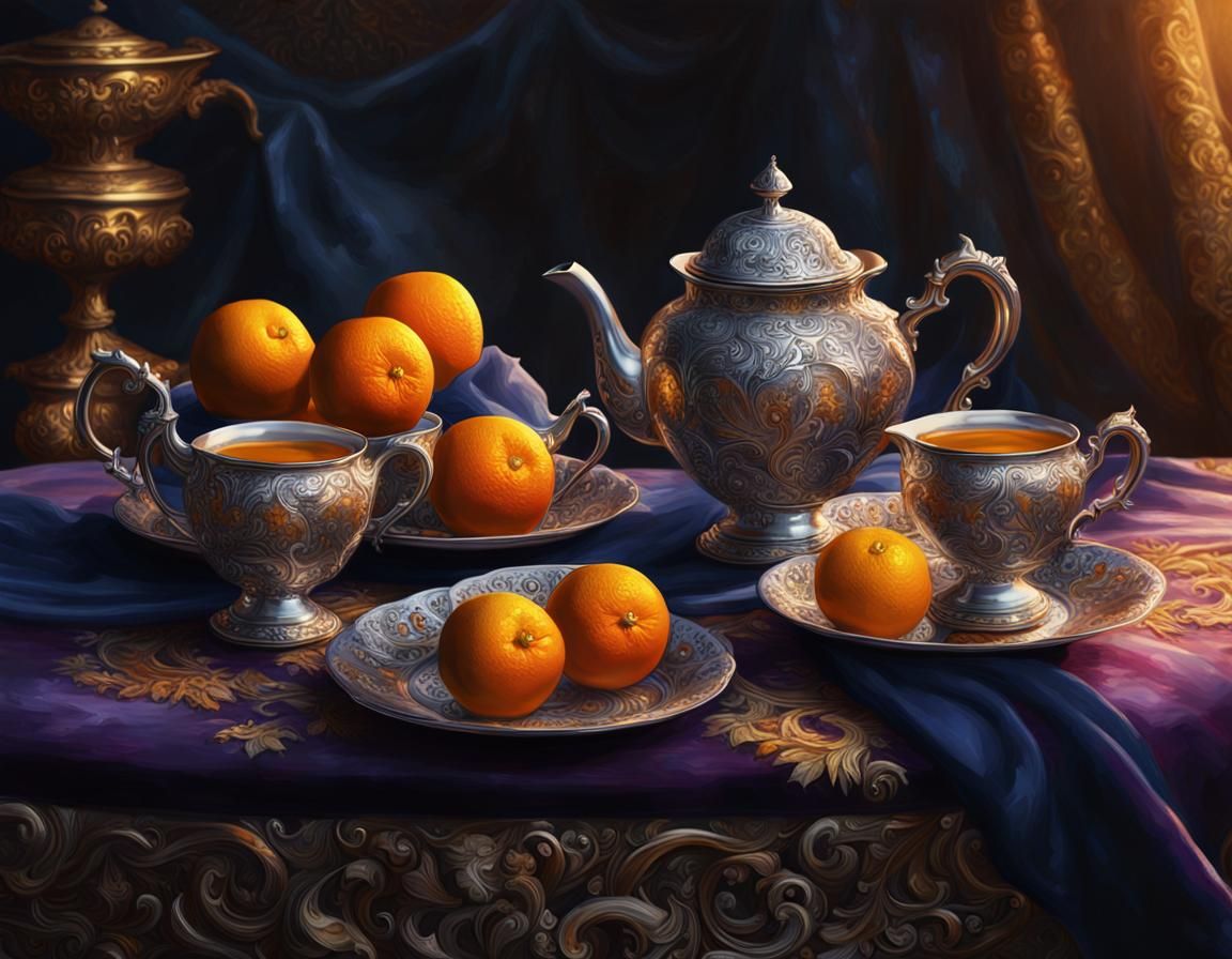 Still Life of Oranges in Ornate Silver Tea Set