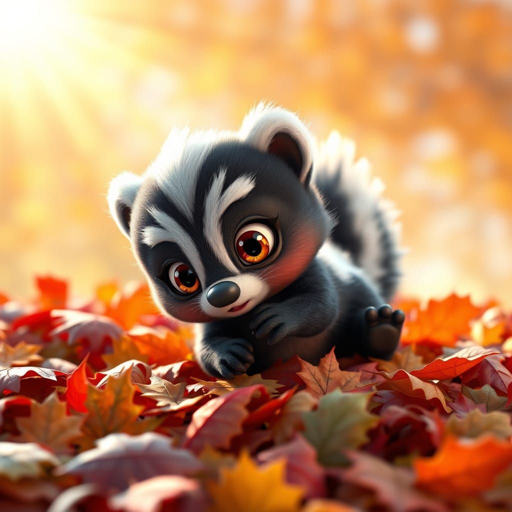 Adorable Baby Skunk Plays in Autumn Leaves