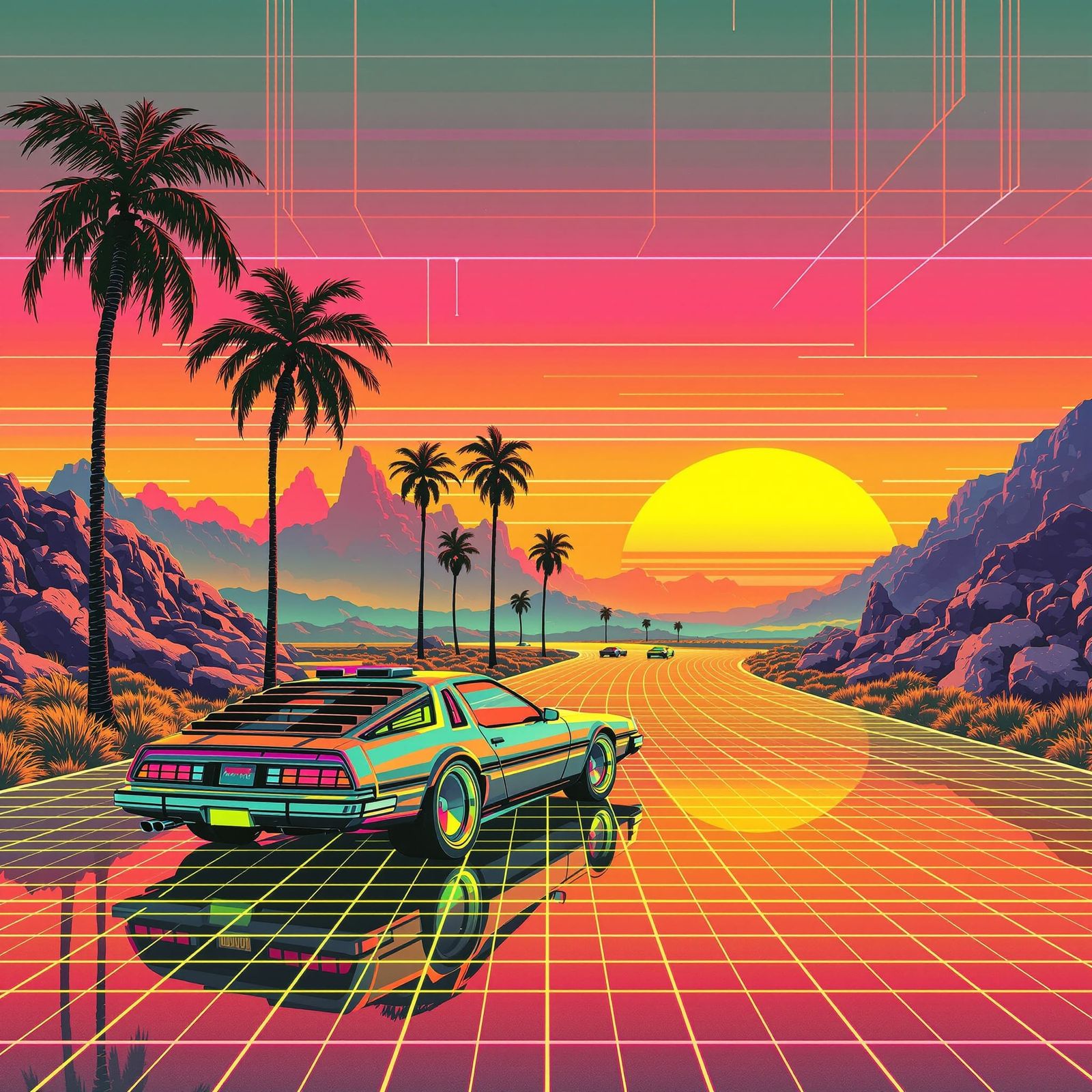 Retro Futurism: Neon Grids, Chrome, and Classic Cars