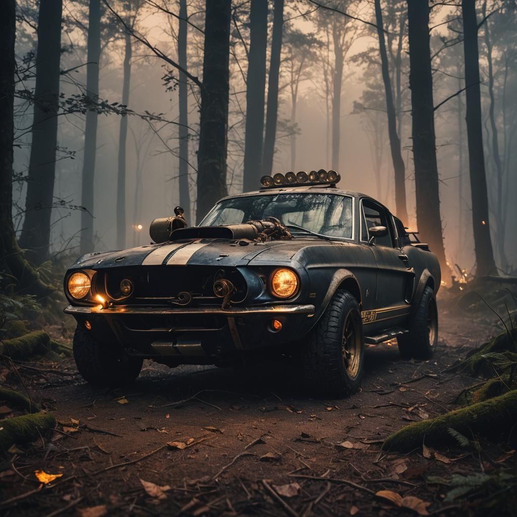 Armored Car in Misty Forest: Surreal Digital Art