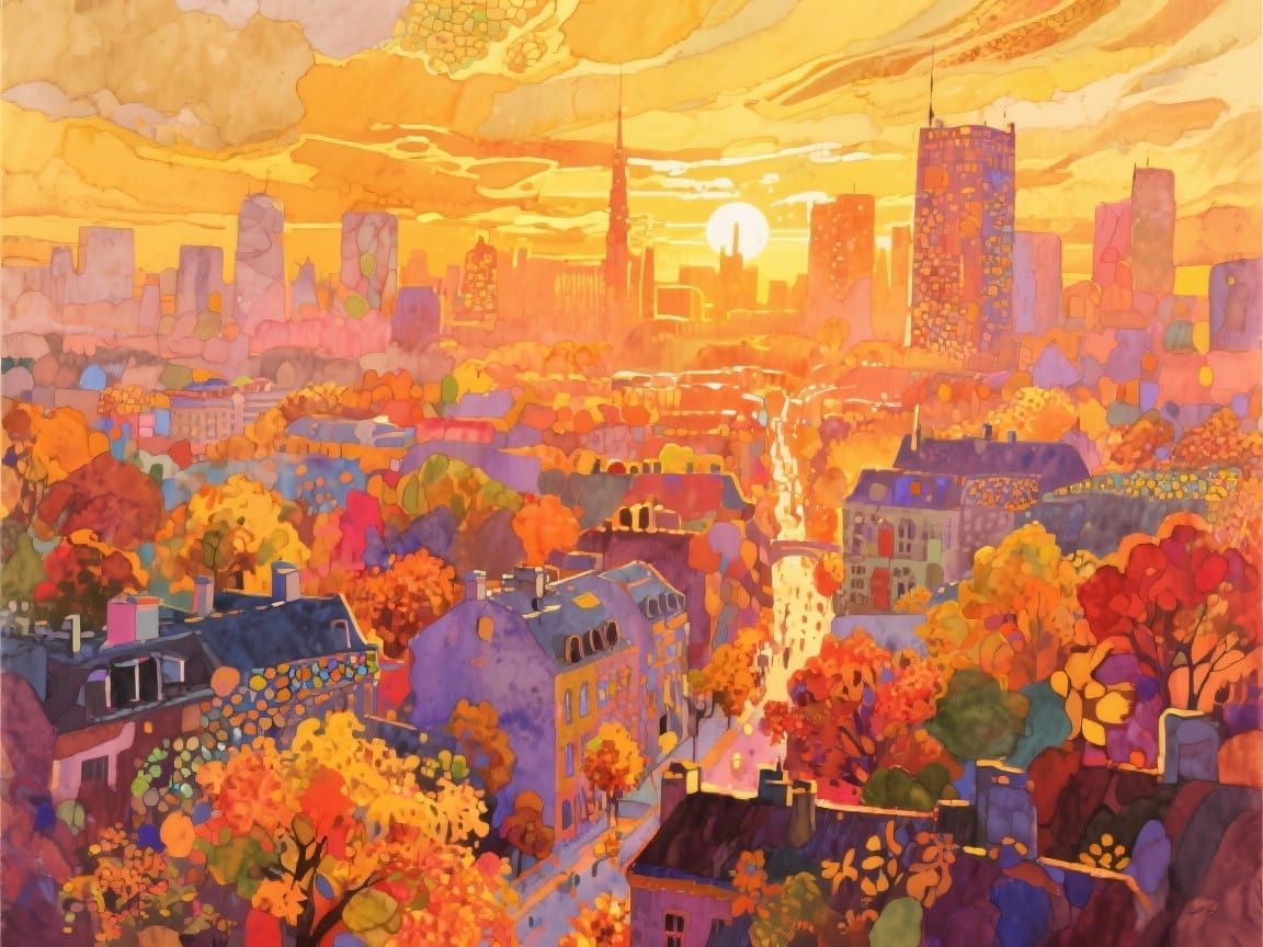 Vibrant Autumn Cityscape at Sunset, Watercolor Style