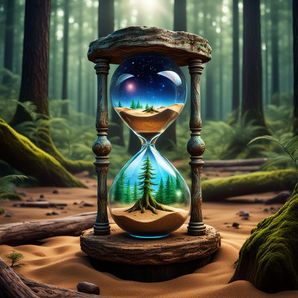 Hourglass on Forest Stump with Glittering Sand