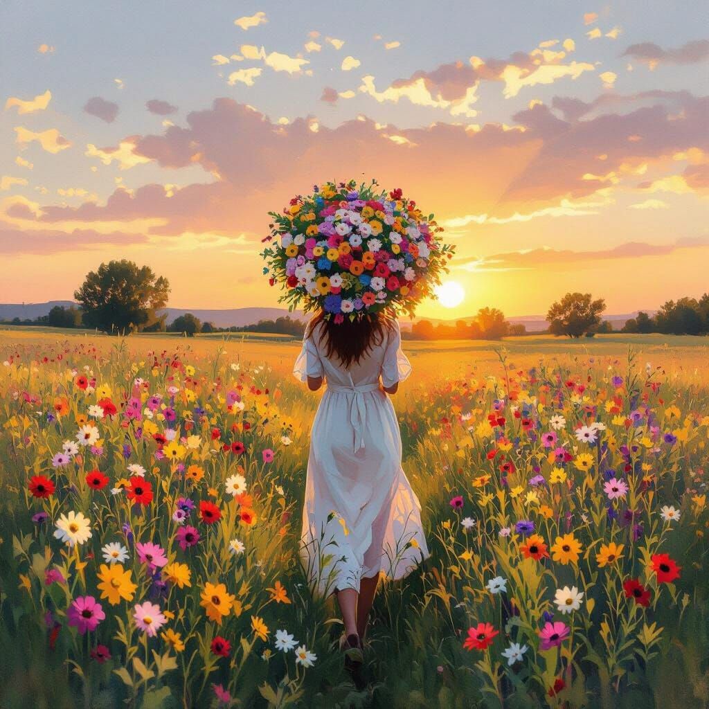 Woman with Flower Umbrella in Golden Sunset Field