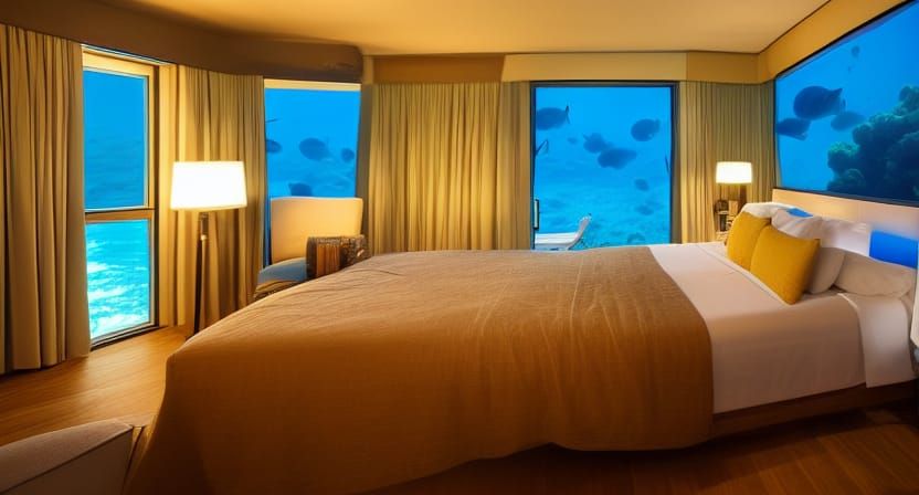 Well-Lit Underwater Hotel Room in the Ocean