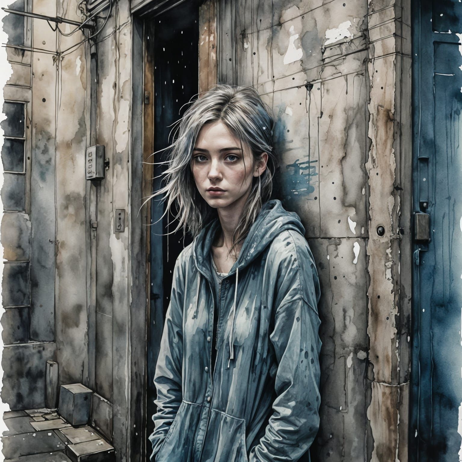 Forlorn Woman in Alleyway: Watercolor and Ink