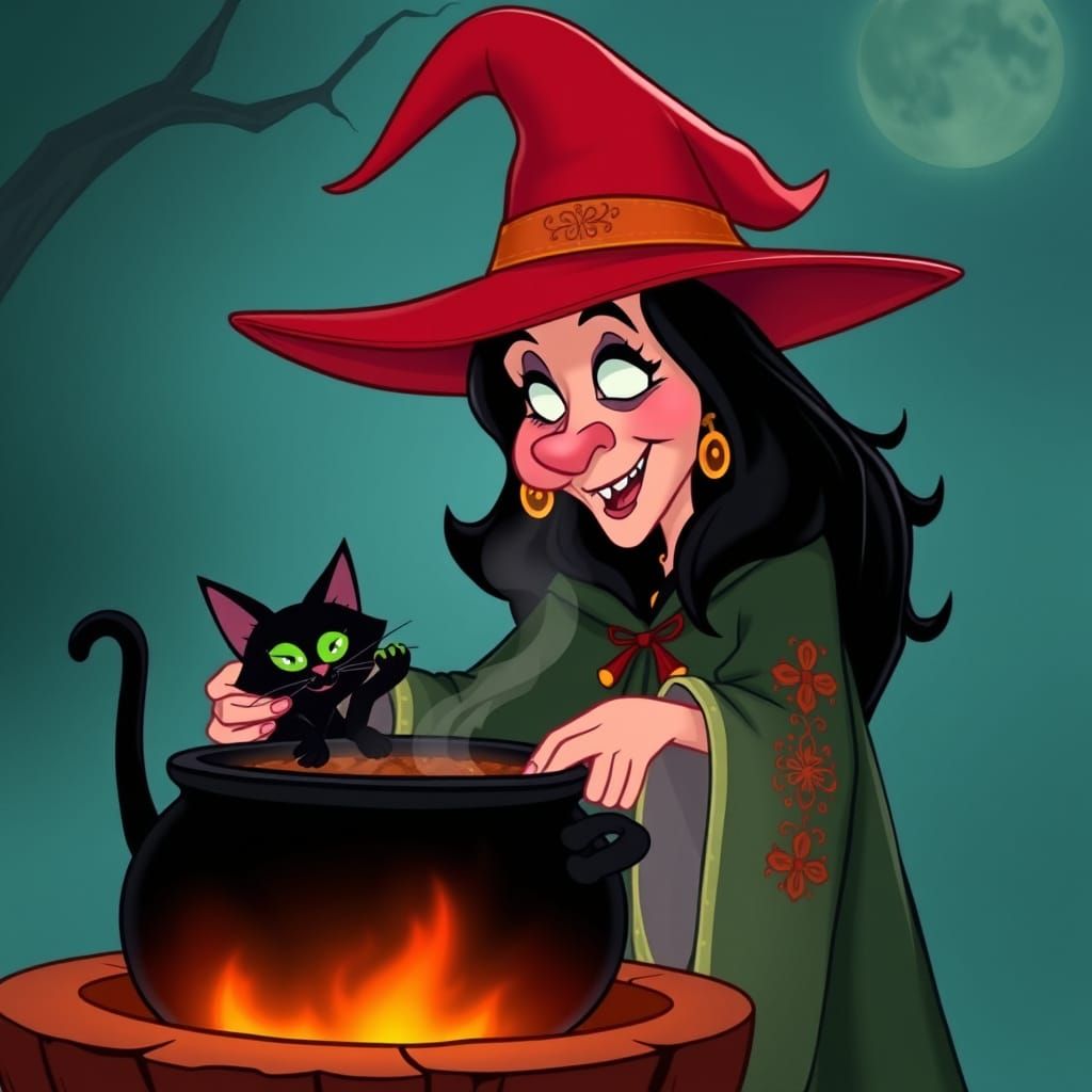 Cartoon Witch and Black Cat Stirring Cauldron