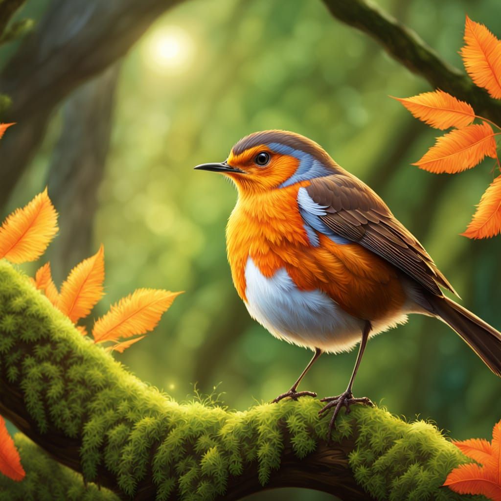 Proud Robin in Spring Forest, Cartoon Style