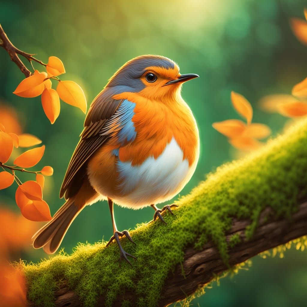 Whimsical Robin Illustration in Spring Forest