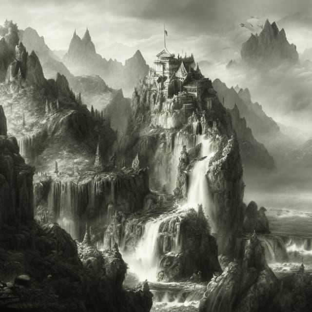 Mountain Kingdoms Overlooking Waterfall: Digital Matte Paint...