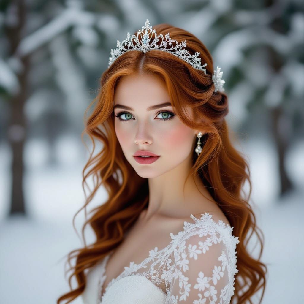 Ethereal Woman in Snow-Covered Forest, Art Nouveau Style