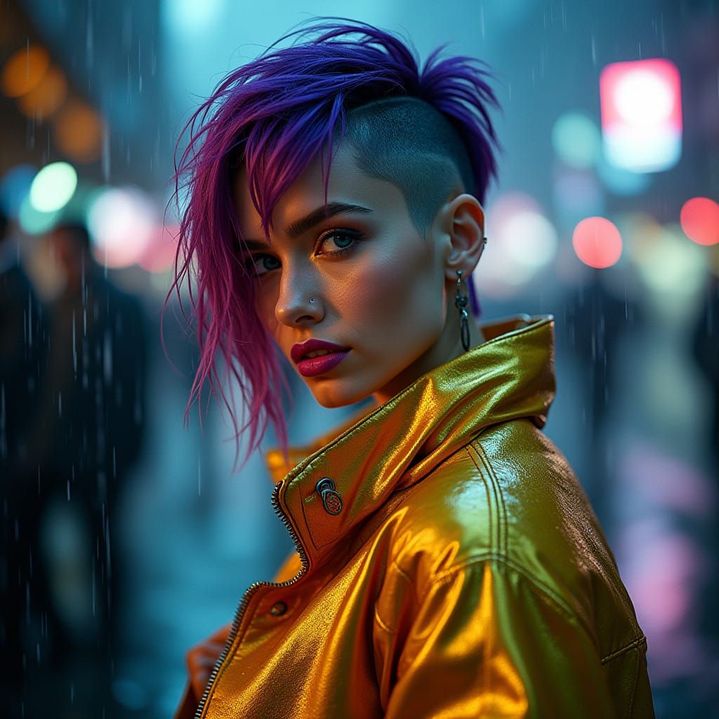Shimmering Cyberpunk Goddess Under Rainy Skies