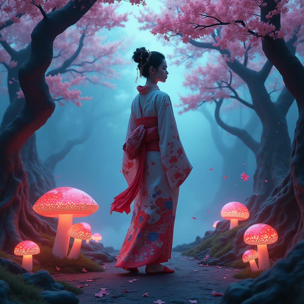 Japanese Woman in Cyberpunk Forest, Digital Art