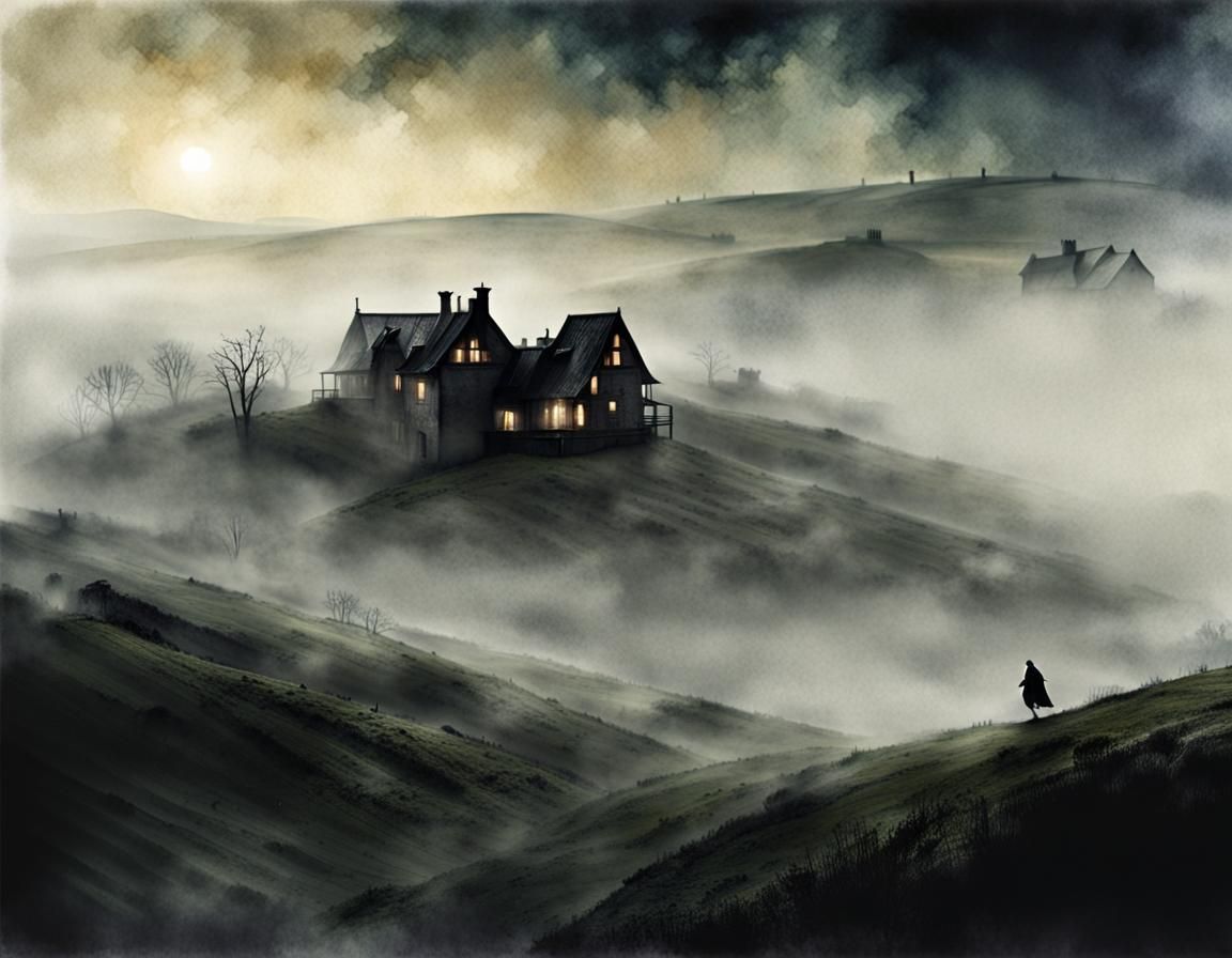 Sinister Raven Flight Over Foggy Hills in Watercolor