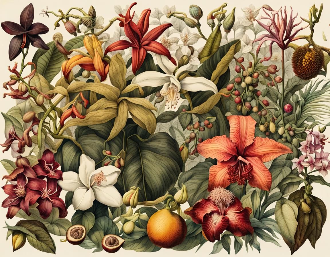Vintage Botanical Illustration of Tropical Plants