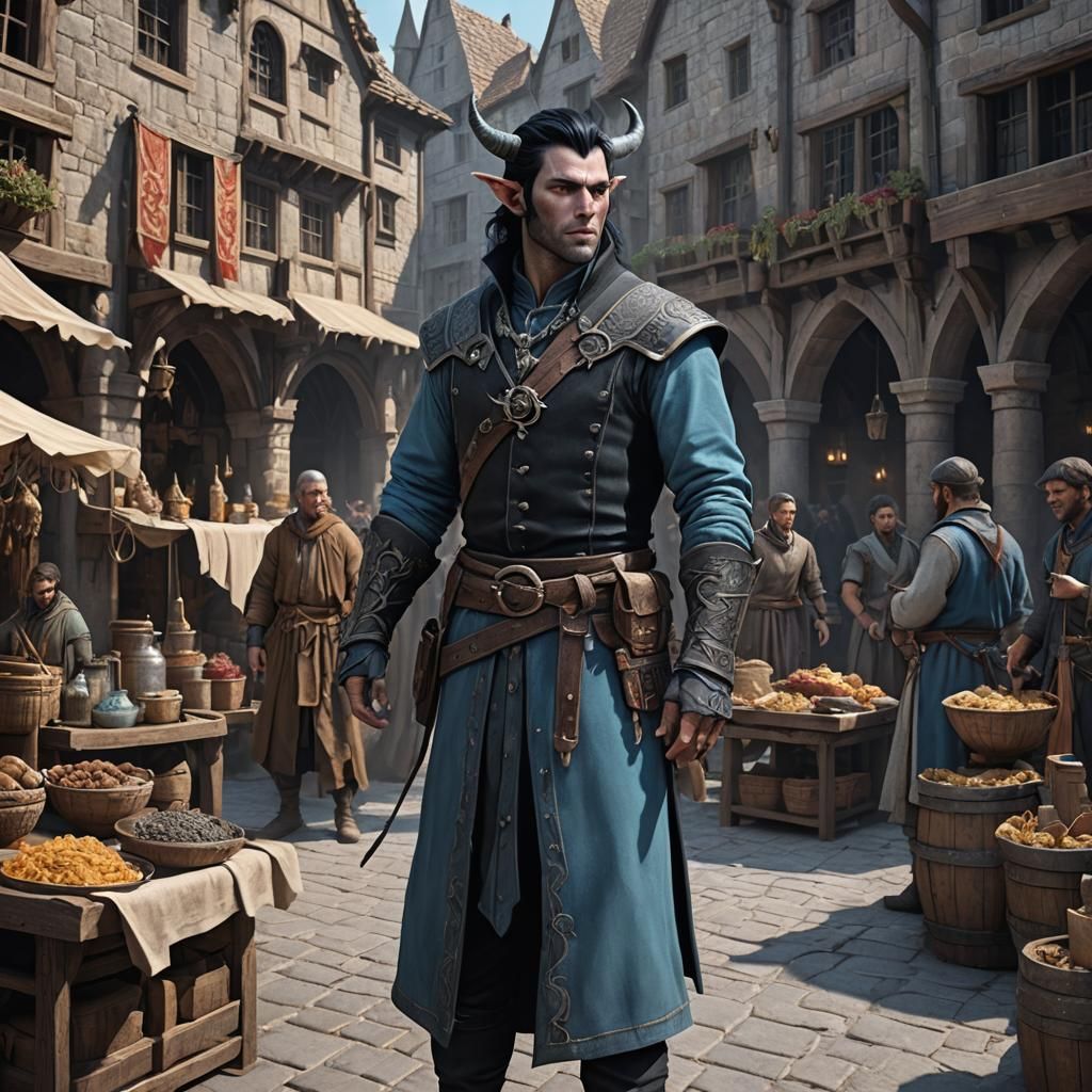 Tiefling Bard in Medieval Market, Detailed Digital Art