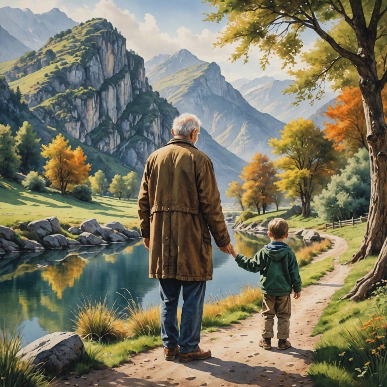 Serene Watercolor: Grandfather and Grandson Contemplation